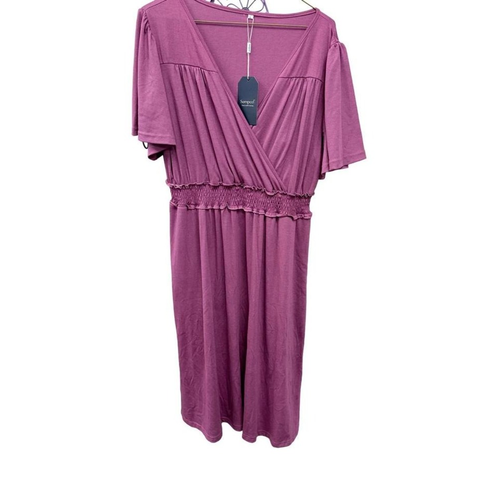 Sampeel Women Mauve Purple V-Neck Smocked Waist Short Sleeve Pocket Dress Large